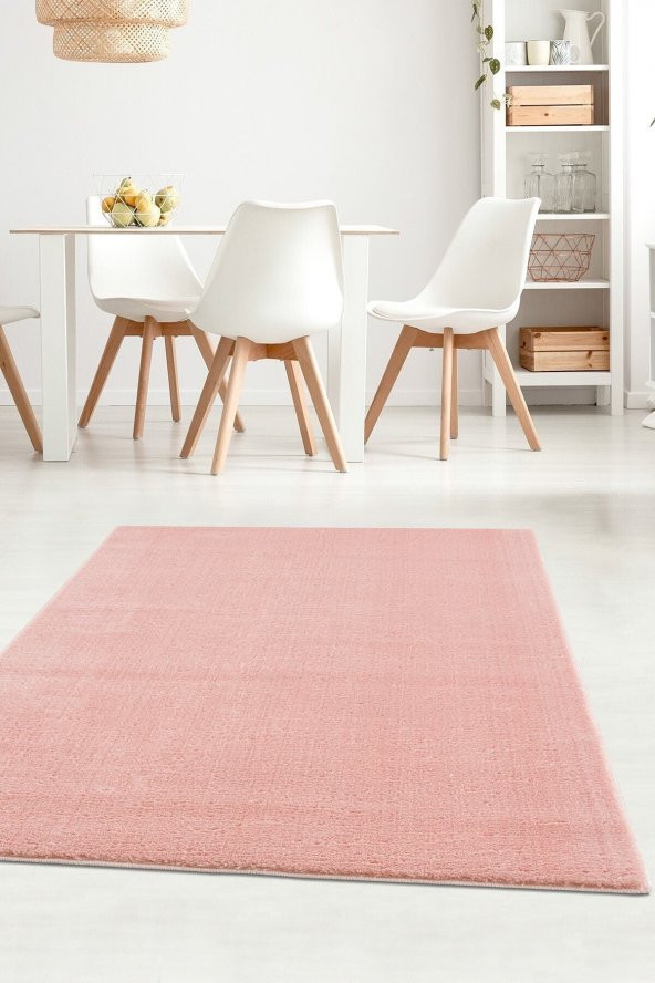 Pembe Pudra Peluş Halı Post Halı Kaymaz Taban
