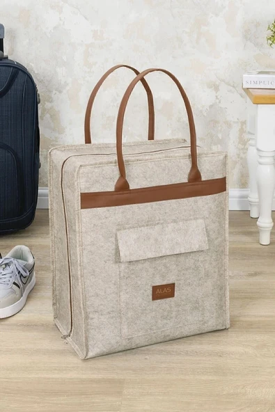 Lüks Bej Keçe Deri Ayakkabı Seyahat Çantası - Resim 2