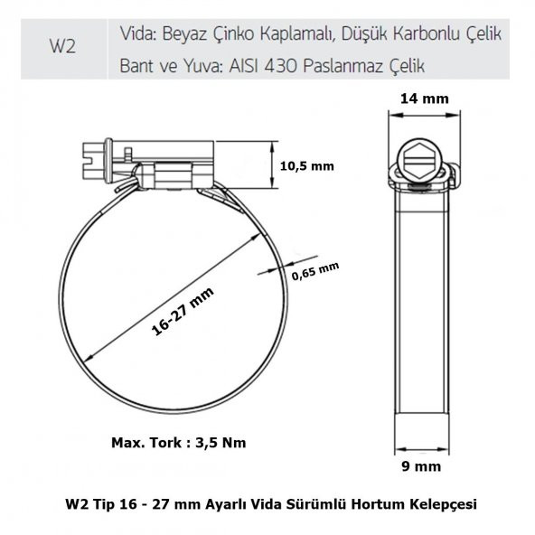 Mikalor 200 Adet W2 Hortum Kelepçesi 16-27 mm 430 Paslanmaz - 2