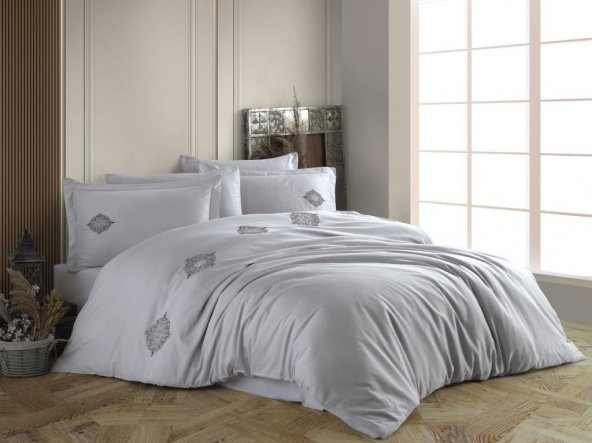 Hobby Çift Kişilik Poplin Premium Nakışlı Nevresim Azra Gri - 3