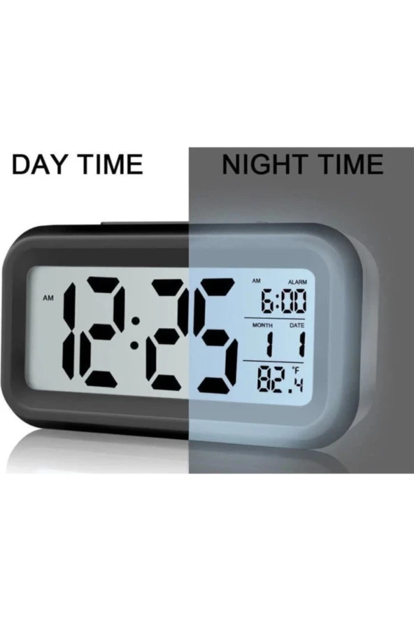 Dekoratif Dijital Alarmlı Masa Saati Lcd Ekran Çalar Saat Termometreli Siyah
