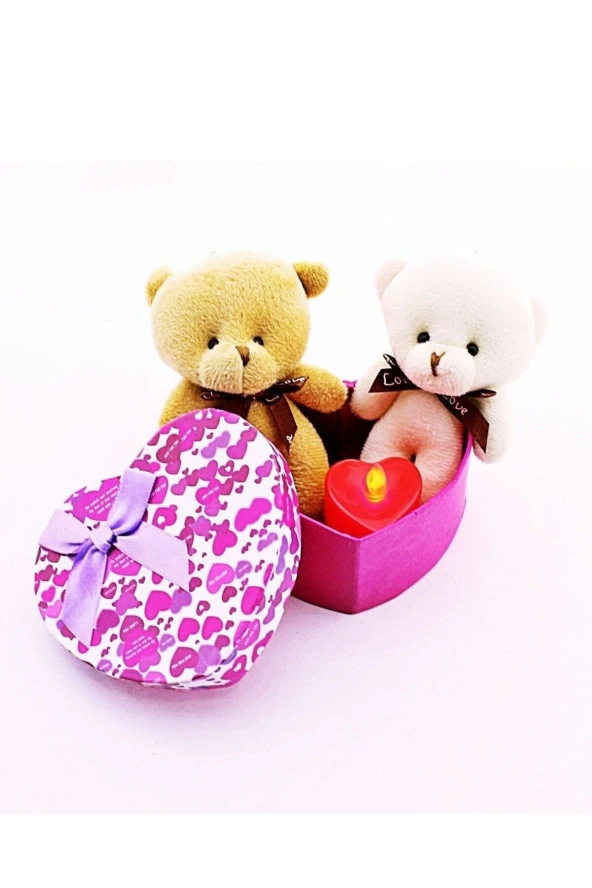 Sevgiliye Özel Günlere Dekoratif Şık Hediye Seti Sevgiliye Mini Kalp Kutuda Ayıcıklar Kutusu