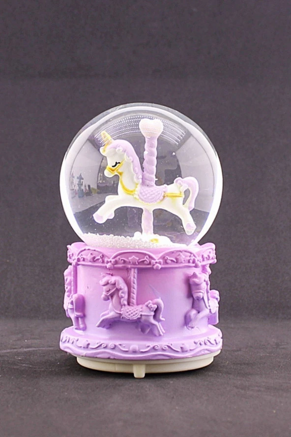 Sevgiliye Eşe Sürpriz Hediye Mor Unicorn Tasarımlı Kar Küresi Işıklı Müzikli 12 Cm