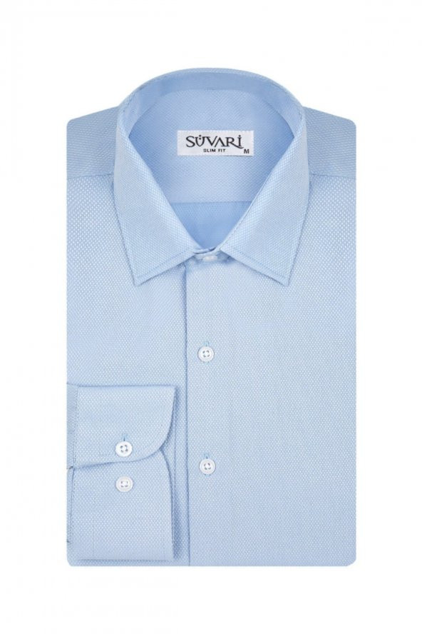 Slim Fit Armür Desenli Soluk Mavi Erkek Gömlek