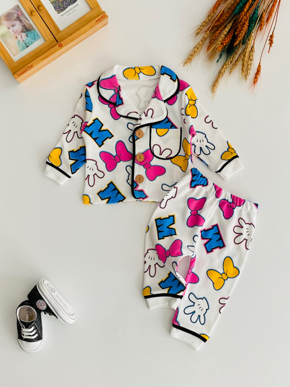 Neşeli Bebekler Minie Baskılı Önden Düğmeli Cepli Pijama Takımı