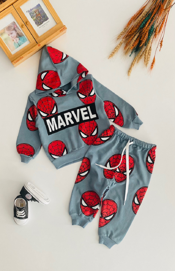 Neşeli Bebeklerimiz Spiderman Baskılı Kapüşonlu Penye Takım Turkuaz