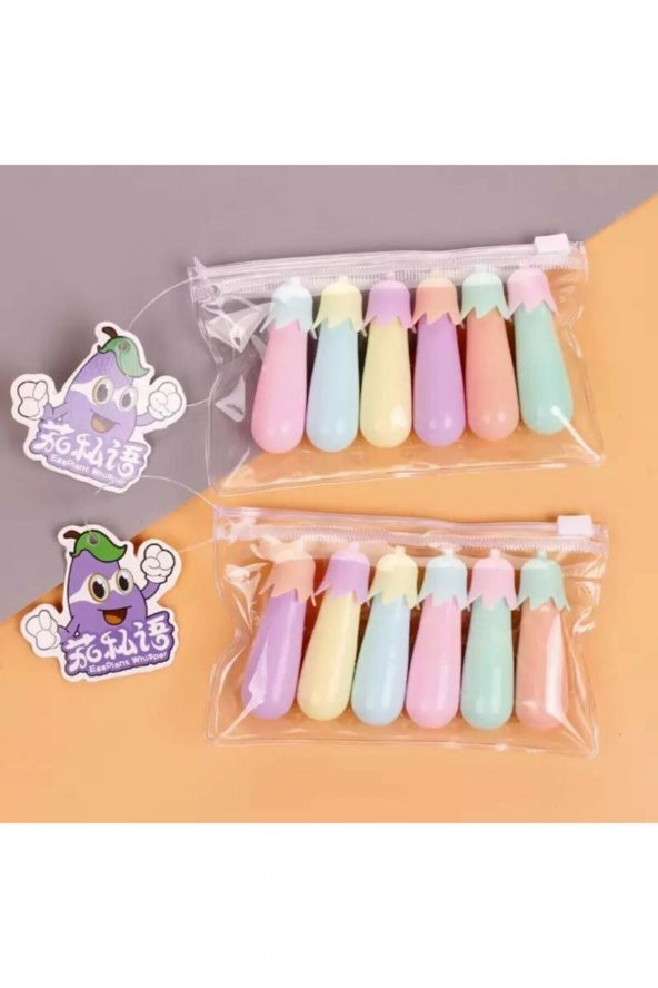 gaman Patlıcan Dekorasyonlu Mini 6lı Fosforlu Kalem - 2