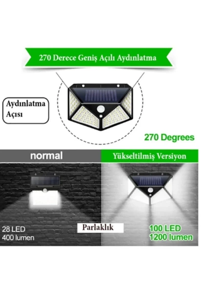 4 Adet 100 Led Solar Pır Hareket Sensörlü Su Geçirmez Duvar Lambası Ip65 - Resim 3