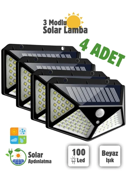 4 Adet 100 Led Solar Pır Hareket Sensörlü Su Geçirmez Duvar Lambası Ip65 ürün görseli