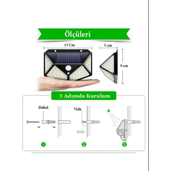 100 Led Sensörlü Solar Güneş Enerjili Lamba - Bahçe Lambası - Solar Sokak Lambası 3 Mod Fotoselli - 8