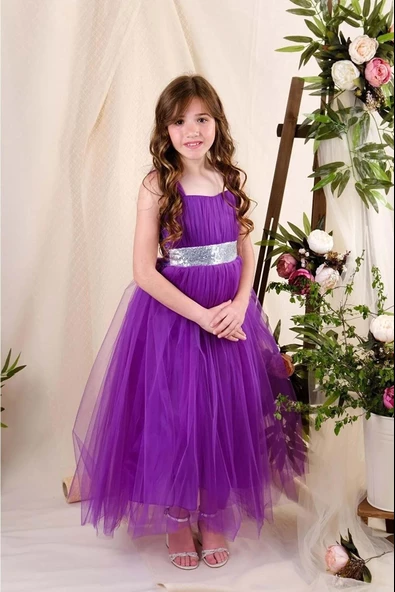 KIZ ÇOCUK UZUN KOZA TÜL SIRT LASTİKLİ ELBİSE - Resim 2