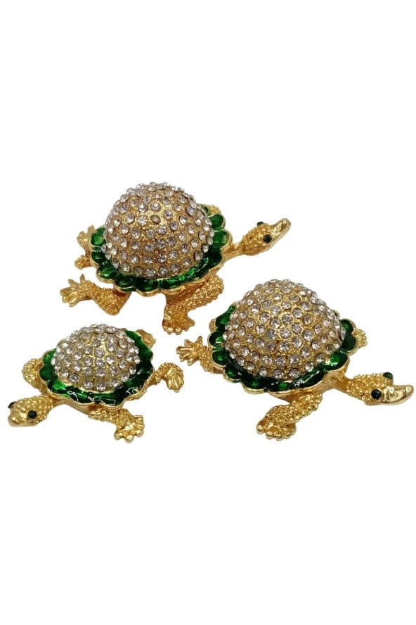 Swarovski Taşlı Yeşil Kaplumbağa Mücevher Kutusu Üçlü Set - 6