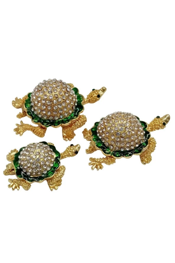 Swarovski Taşlı Yeşil Kaplumbağa Mücevher Kutusu Üçlü Set - 7