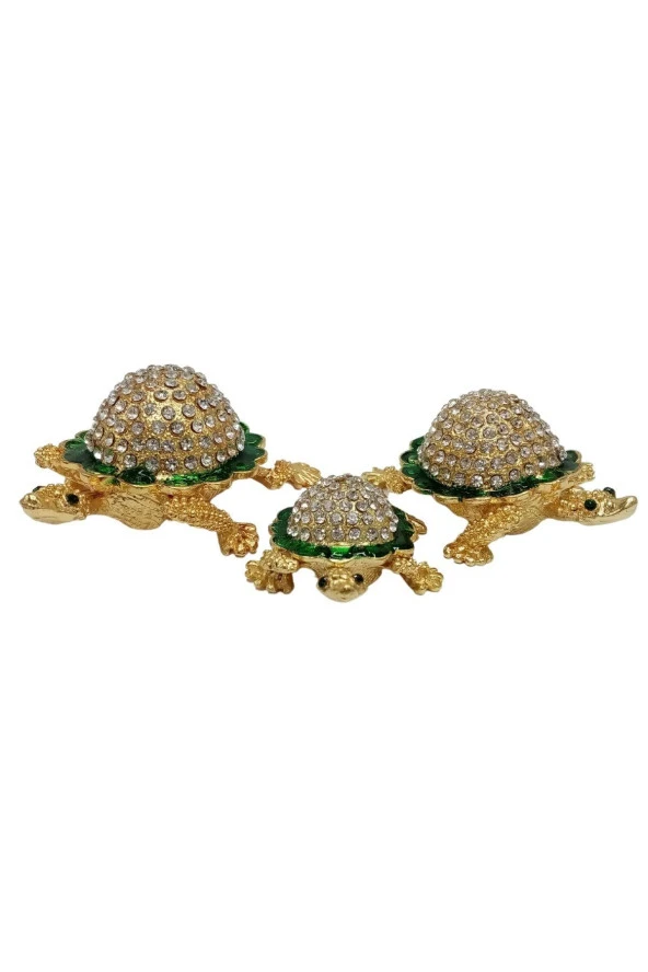 Swarovski Taşlı Yeşil Kaplumbağa Mücevher Kutusu Üçlü Set - 10