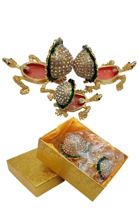 Swarovski Taşlı Yeşil Kaplumbağa Mücevher Kutusu Üçlü Set - 11