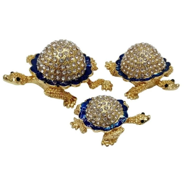 Swarovski Taşlı Mavi Kaplumbağa Mücevher Kutusu Üçlü Set