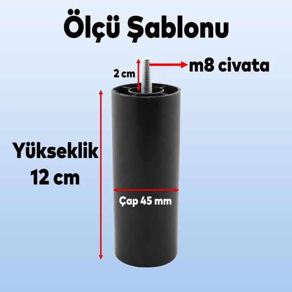Mobilya Kanepe Koltuk Baza Yükseltme Yükseltici M8 Civatalı Incediş Destek Ayağı Ayakları Siyah 12cm - 2