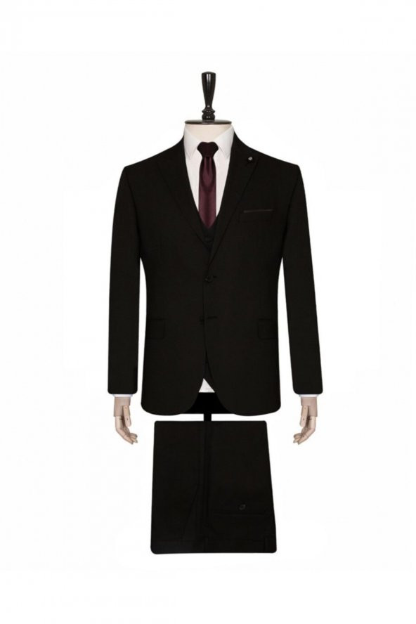 Yelekli Dar Kesim Siyah Desenli Takım Elbise