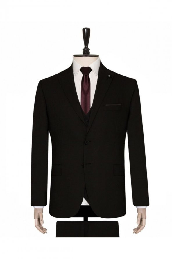 Yelekli Dar Kesim Siyah Desenli Takım Elbise - 3