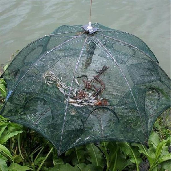 BUFFER® Şemsiye Balık Ağı Yakalama Tutma Filesi 16 Cepli Büyük Boy Taşınabilir Serpme Balık Tuzağı