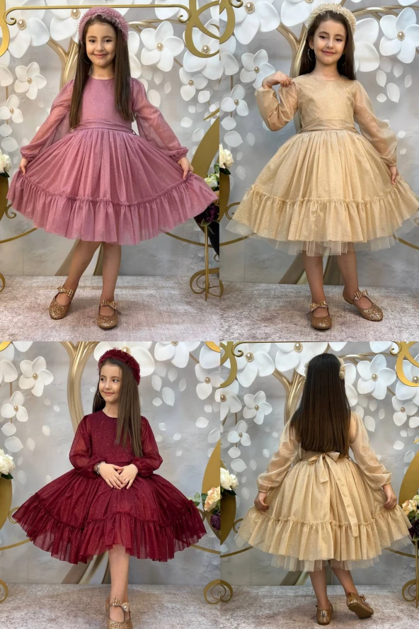 Simli Taçlı Kız Çocuk Elbisesi 6 - 9 Yaş