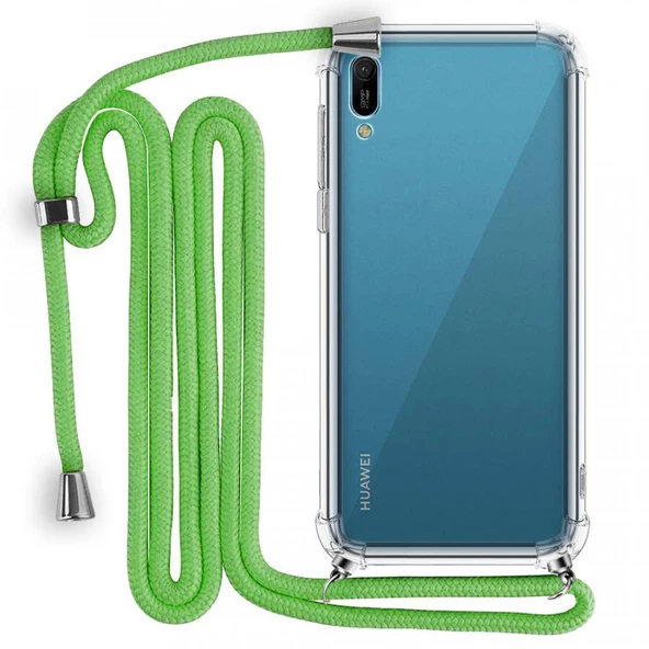 Huawei Y6 2019 Boyun Askılı Şeffaf Tank Kılıf Yeşil