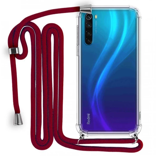 Xiaomi Redmi Note 8 Boyun Askılı Şeffaf Tank Kılıf Kırmızı