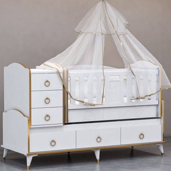 Garaj Home Elfin Gold 60x120 Uzayan Asansörlü Lüks Uyku Setli Beşik Kombini-UYKU SETİ-PEMBE - 3