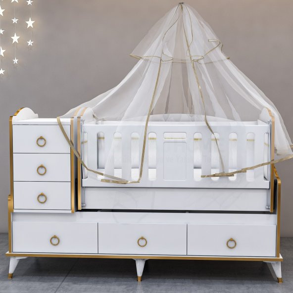 Garaj Home Elfin Gold 60x120 Uzayan Asansörlü Lüks Uyku Setli Beşik Kombini-UYKU SETİ-PEMBE - 4