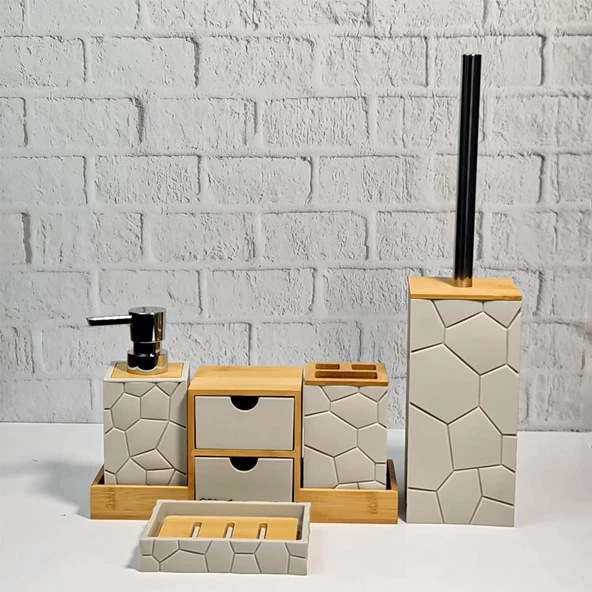 Banyo Lavabo Sıvı Sabunluk Seti Diş Fırçalık Pamukluk Katı Sabunluk Dekoratif Akrilik Bambu Banyo Takımı - 5