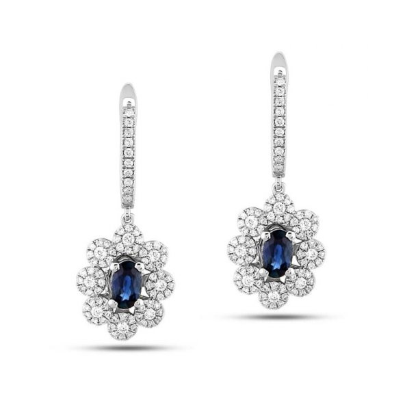 Pırlantalı Oval Safir Taşlı Küpe