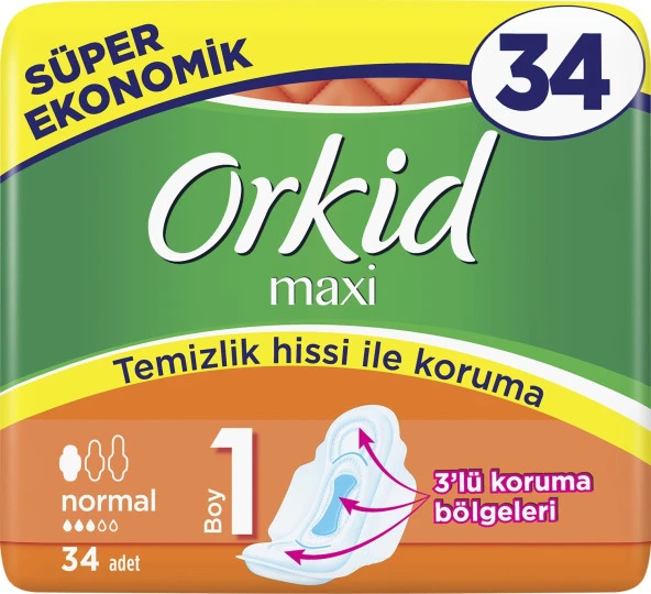 Orkid Maxi Normal 34 Adet Süper Ekonomik Paket Hijyenik Ped x 3 ADET