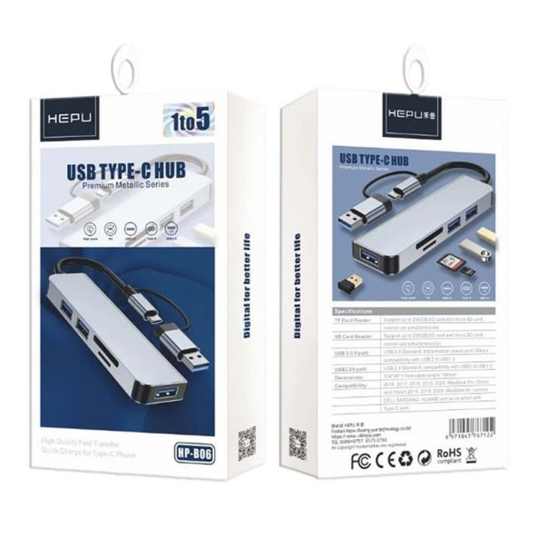 HEPU HP-B06 7in1 USB Type-C Girişli HUB Çoklayıcı Kart Okuyucu - 5