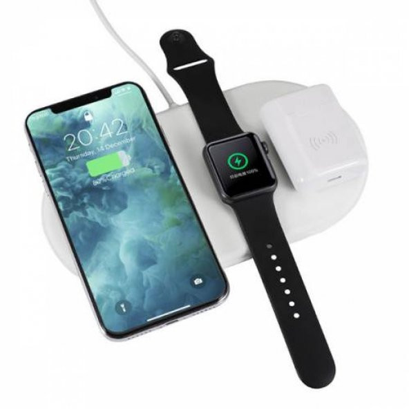 Polham 3in1 Telefon, Saat ve Kulaklık İçin Kablosuz Şarj Cihazı, Wireless Kablosuz Şarj