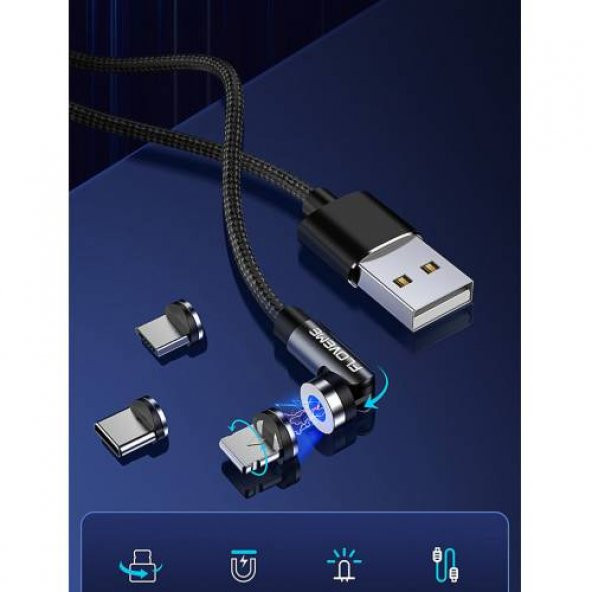 Polham Mıknatıslı 3 Başlıklı Şarj Kablosu 1MT iPhone+Type-C+Micro Şarj Kablosu Tüm Cihazlara Uyumlu