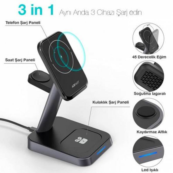 Polham 3in1 15W Manyetik Magsafe Kablosuz Şarjlı Telefon, Saat ve Kulaklık Şarj Standı - 2