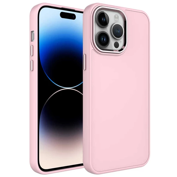 Apple iPhone 13 Pro Kılıf Metal Çerçeve ve Buton Tasarımlı Silikon Zore Luna Kapak Lyon Tech  Pembe