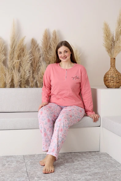 Nisanca Uzun Kollu %100 Pamuk Büyük Beden Anne Pijama Takımı- Anne Özel Serisi - 9