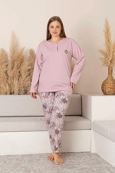 Nisanca Uzun Kollu %100 Pamuk Büyük Beden Anne Pijama Takımı- Anne Özel Serisi - 6