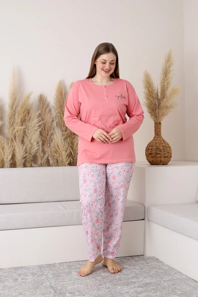 Nisanca Uzun Kollu %100 Pamuk Büyük Beden Anne Pijama Takımı- Anne Özel Serisi - 8