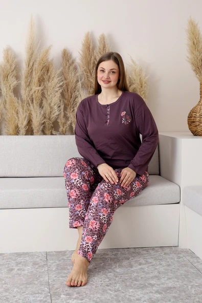 Nisanca Uzun Kollu %100 Pamuk Büyük Beden Anne Pijama Takımı- Anne Özel Serisi - 11