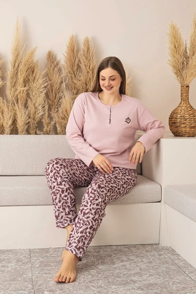 Nisanca Uzun Kollu %100 Pamuk Büyük Beden Anne Pijama Takımı- Anne Özel Serisi - 5