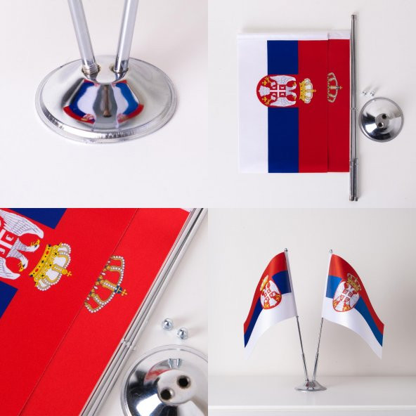 Sırbistan 2li Masa Bayrağı Saten Kumaş Dijital Baskı 15x22,5 cm - 4