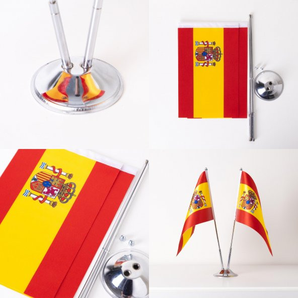 İspanya 2li Masa Bayrağı Saten Kumaş Dijital Baskı 15x22,5 cm - 4