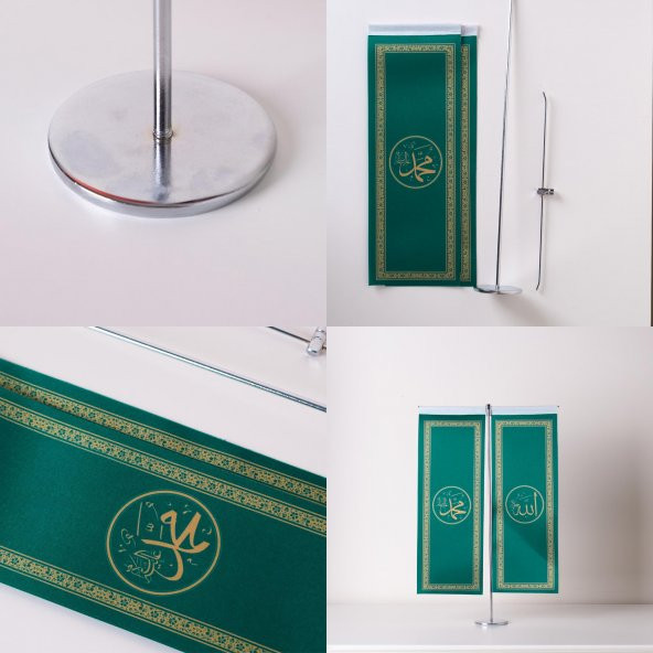 Allah-Muhammed İnce Uzun Yeşil 2li Masa Bayrağı Saten Kumaş Dijital Baskı 8,5x25 cm - 3