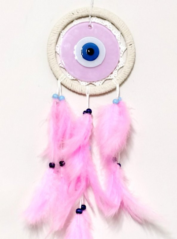 Pembe Renk Dream Catcher Pudra Pembesi Camlı Kuş Tüylü Duvar Süsü - 1