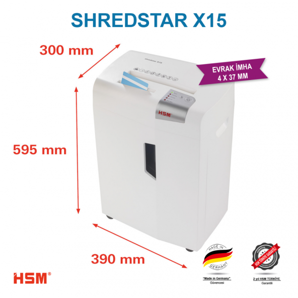 HSM SHREDSTAR X15 Evrak İmha Makinesi / Kağıt Kırpma Makinesi - CD İmha Makinesi - Çapraz/Konfeti Kesim 4x37mm - 26lt - 3