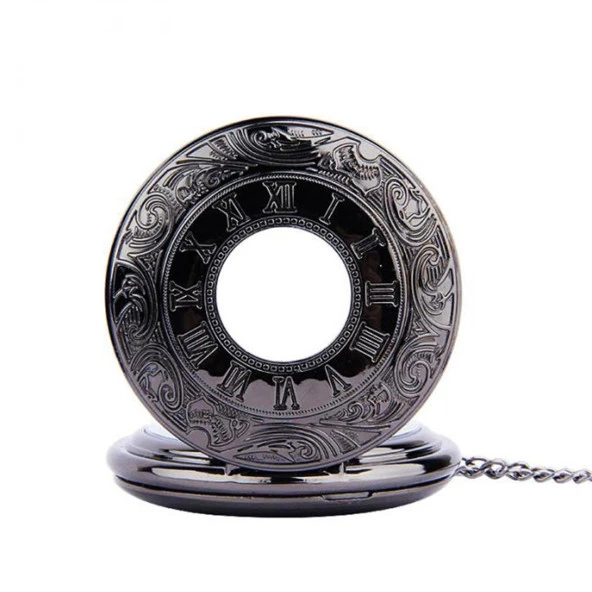 Valkyrie Vintage Roma Rakamlı Cep Saati Köstekli Saat Siyah - 3