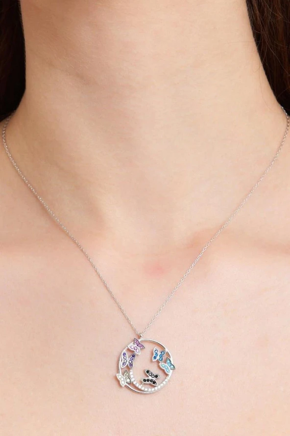 Yuvarlak Kelebekli Beyaz Renk Gümüş Kadın Kolye - 4