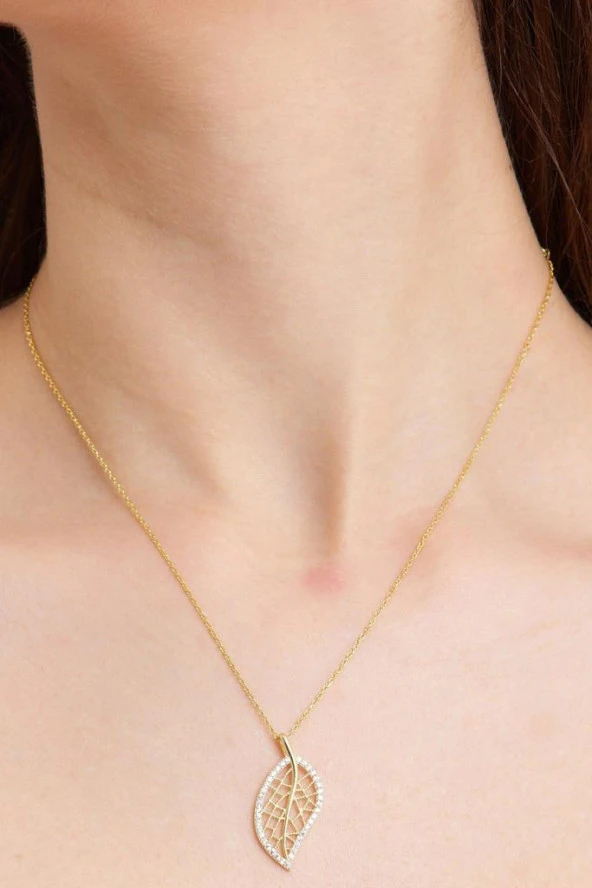 Yaprak Model Gold Renk Gümüş Kadın Kolye - 8